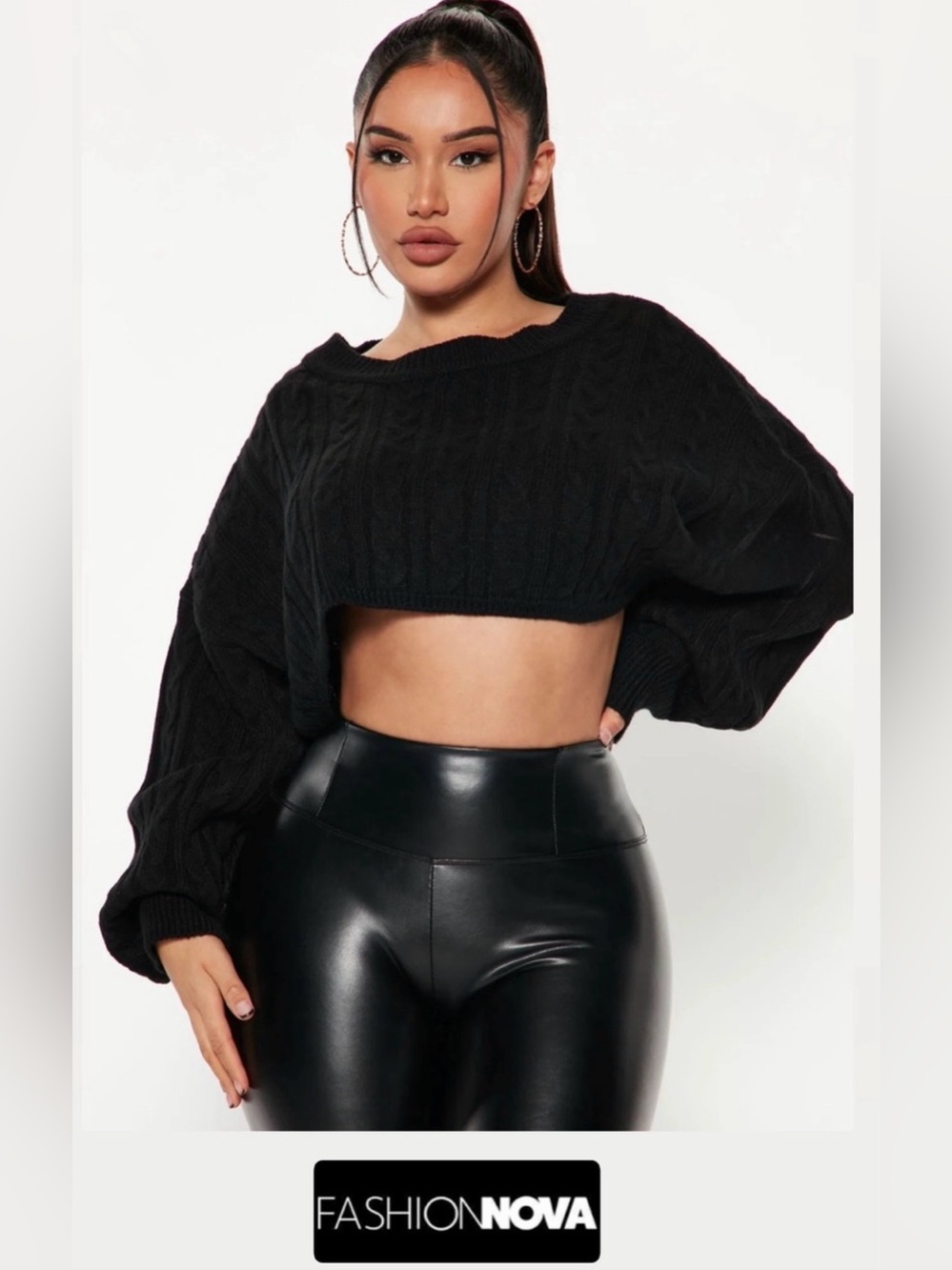 FashionNova Meet Me Half Way Black Cable Knit Crop Sweater, Size L